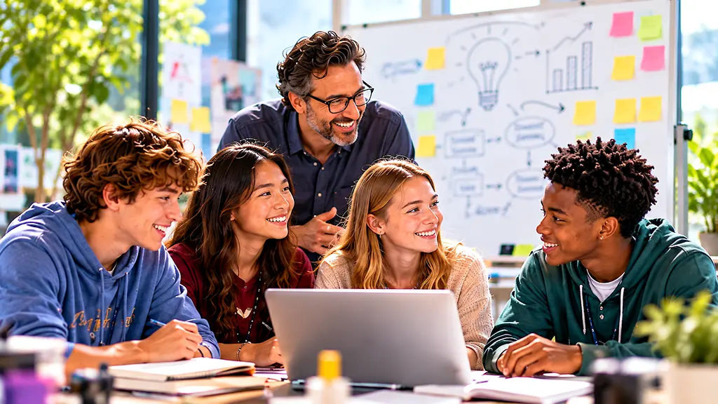 Teens developing business and startup ideas together with an academic camp mentor